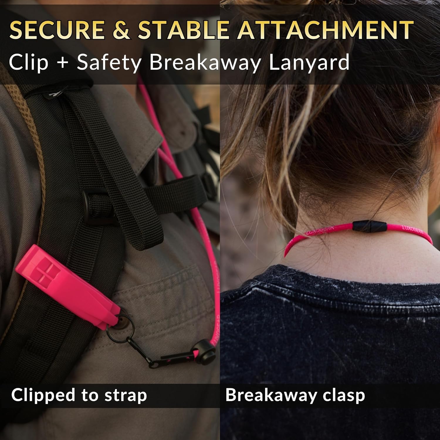 LuxoGear Pink Whistle (2-Pack) 120dB Loud Safety & Emergency Whistle with Lanyard and Breakaway Clasp for Hiking, Kayak, Boat, Personal Safety, Travel, Emergency Kits - Image 4